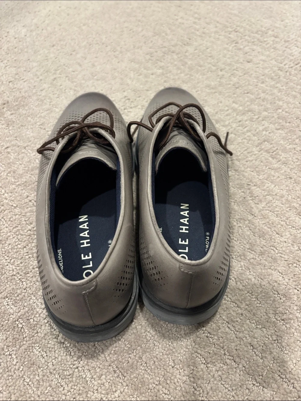 Cole Haan Perforated Leather Derby in Gray with Brown Laces
